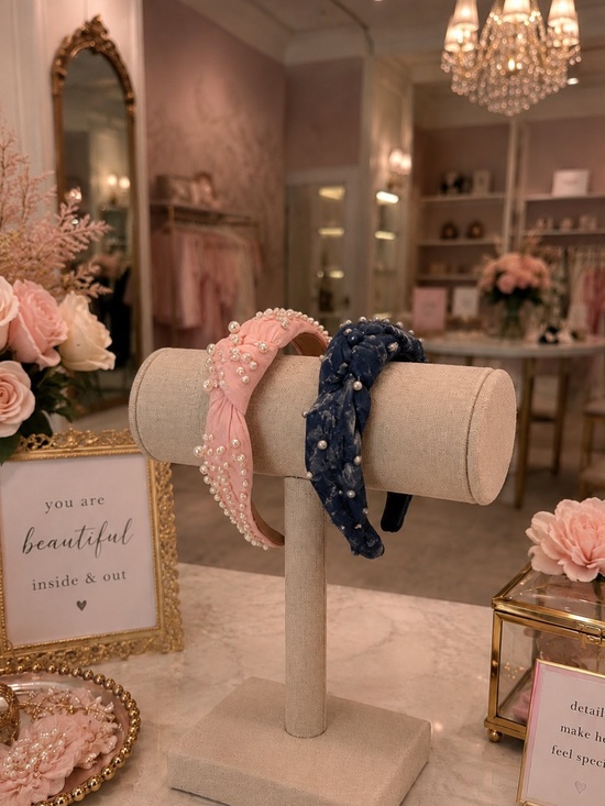 Accessories - Pearl Embellished Knotted Headband Set  Pink & Navy Boutique Hair Accessories